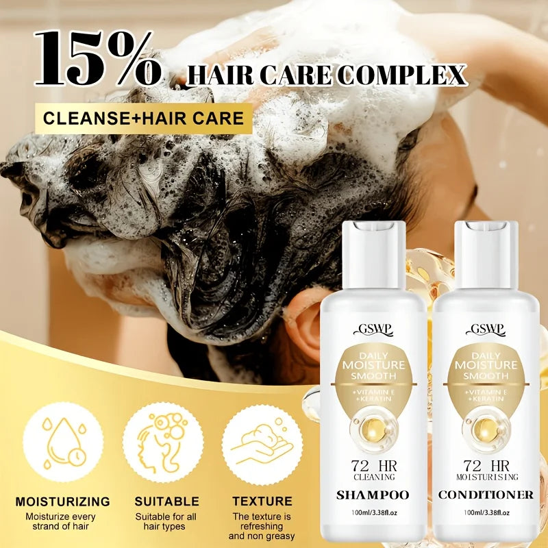 72-Hour Moisturising Shampoo and Conditioner Set, Enriched with Keratin for Deep Hydration, Ideal as a Gift. 100Ml + 100Ml