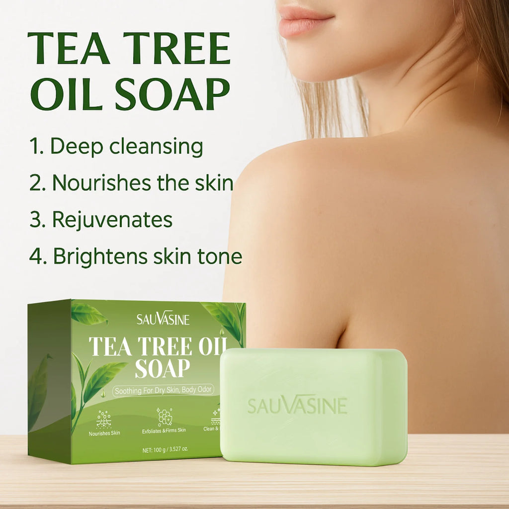 Tea Tree Oil Soap Bar for Men & Women, Deep Cleansing, Soothing for Dry Skin, Body Odor Care, Exfoliates & Firms Skin, 100G
