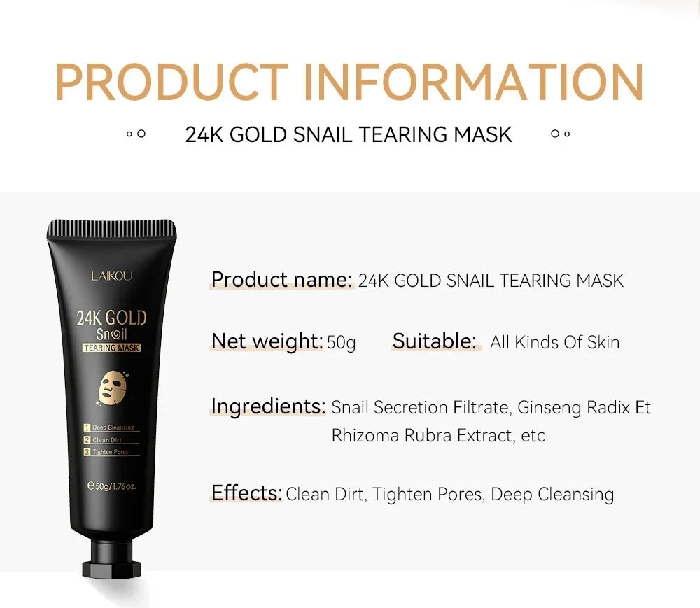 24K Gold Snail Peel off Mask Powerful Pore Cleaner Blackhead & Dirt Remover Detoxifying Facial Shining Skin Care 50G